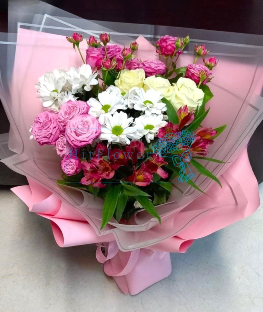 Букет цветов Цветочная фантазия Букет цветов из: Хризантемы, Розы и Альстромерии